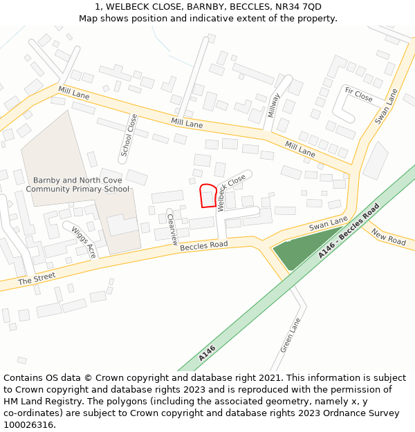 1, WELBECK CLOSE, BARNBY, BECCLES, NR34 7QD: Location map and indicative extent of plot