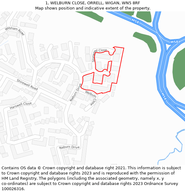 1, WELBURN CLOSE, ORRELL, WIGAN, WN5 8RF: Location map and indicative extent of plot