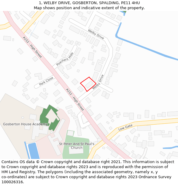 1, WELBY DRIVE, GOSBERTON, SPALDING, PE11 4HU: Location map and indicative extent of plot