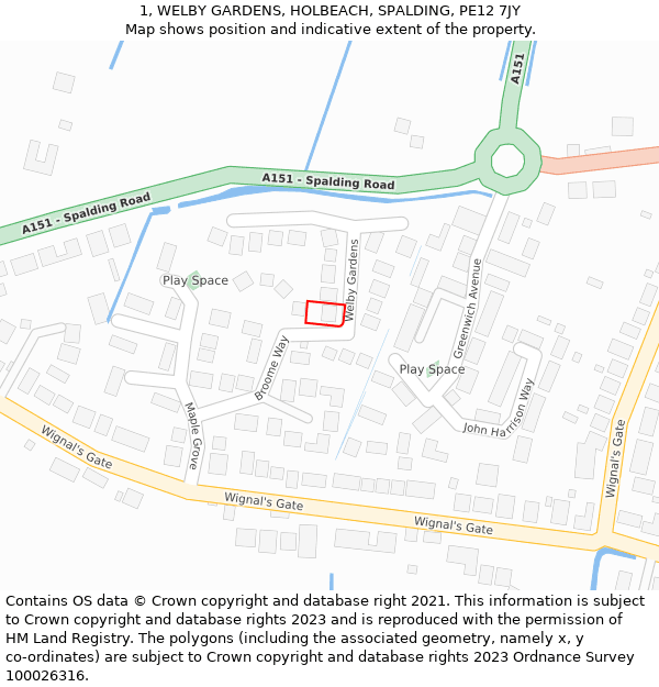 1, WELBY GARDENS, HOLBEACH, SPALDING, PE12 7JY: Location map and indicative extent of plot