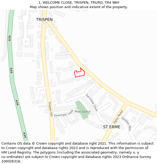 1, WELCOME CLOSE, TRISPEN, TRURO, TR4 9BH: Location map and indicative extent of plot