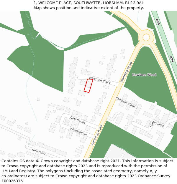 1, WELCOME PLACE, SOUTHWATER, HORSHAM, RH13 9AL: Location map and indicative extent of plot