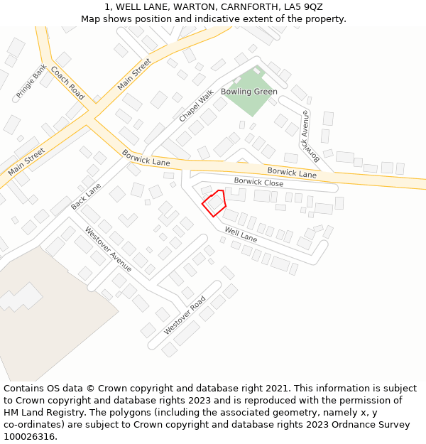 1, WELL LANE, WARTON, CARNFORTH, LA5 9QZ: Location map and indicative extent of plot