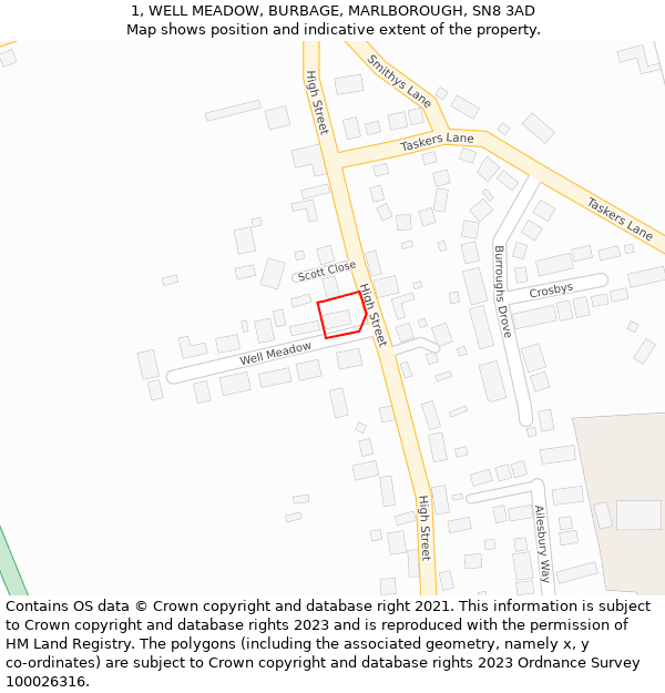 1, WELL MEADOW, BURBAGE, MARLBOROUGH, SN8 3AD: Location map and indicative extent of plot