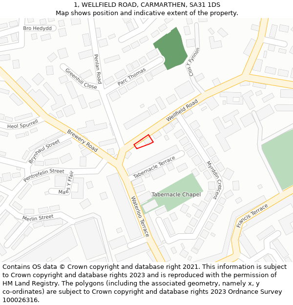 1, WELLFIELD ROAD, CARMARTHEN, SA31 1DS: Location map and indicative extent of plot