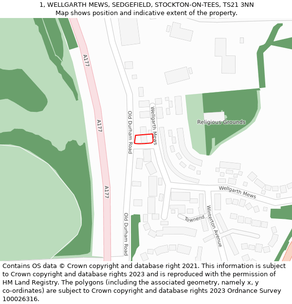 1, WELLGARTH MEWS, SEDGEFIELD, STOCKTON-ON-TEES, TS21 3NN: Location map and indicative extent of plot