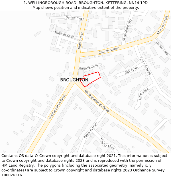 1, WELLINGBOROUGH ROAD, BROUGHTON, KETTERING, NN14 1PD: Location map and indicative extent of plot