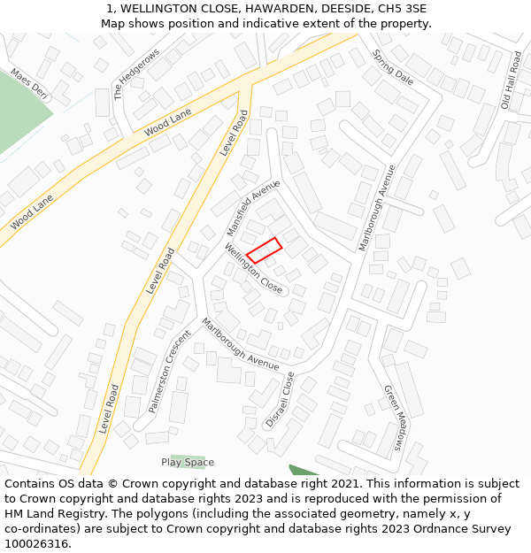 1, WELLINGTON CLOSE, HAWARDEN, DEESIDE, CH5 3SE: Location map and indicative extent of plot