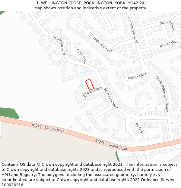 1, WELLINGTON CLOSE, POCKLINGTON, YORK, YO42 2XJ: Location map and indicative extent of plot