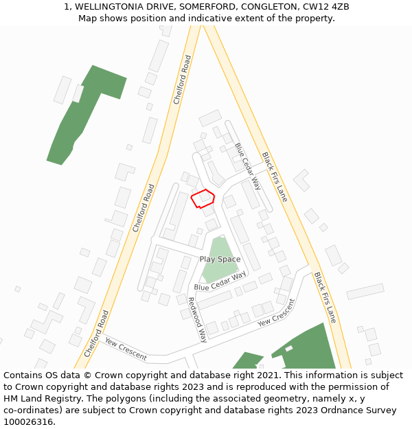 1, WELLINGTONIA DRIVE, SOMERFORD, CONGLETON, CW12 4ZB: Location map and indicative extent of plot