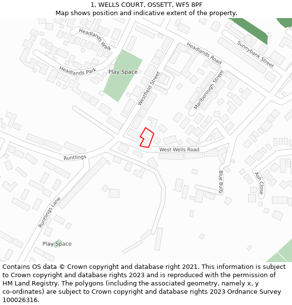 1, WELLS COURT, OSSETT, WF5 8PF: Location map and indicative extent of plot