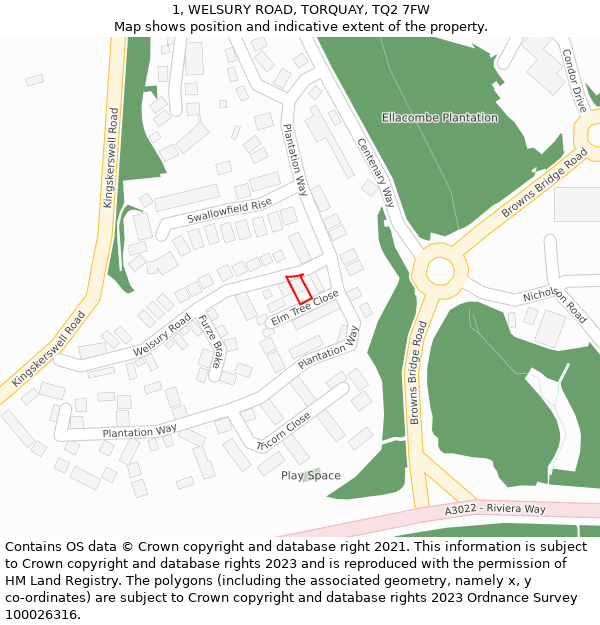 1, WELSURY ROAD, TORQUAY, TQ2 7FW: Location map and indicative extent of plot