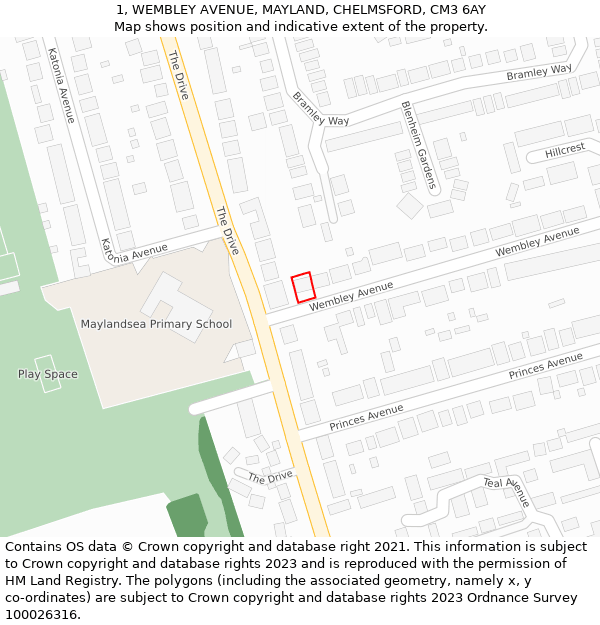 1, WEMBLEY AVENUE, MAYLAND, CHELMSFORD, CM3 6AY: Location map and indicative extent of plot