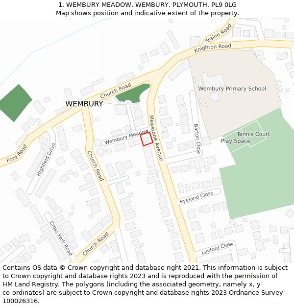 1, WEMBURY MEADOW, WEMBURY, PLYMOUTH, PL9 0LG: Location map and indicative extent of plot