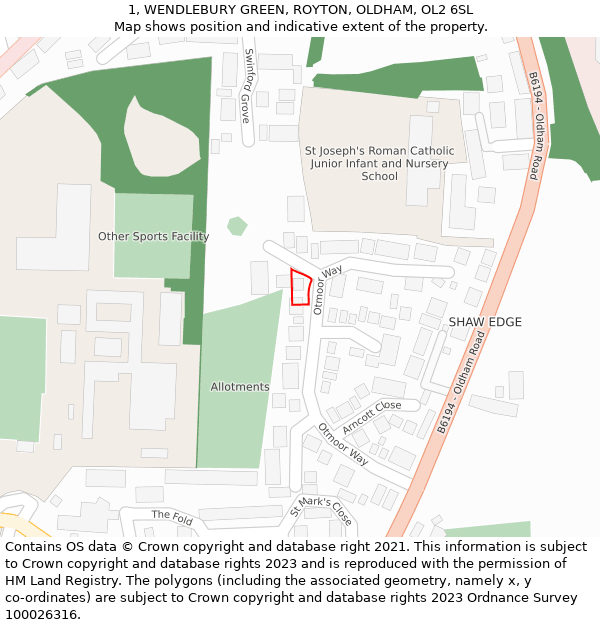 1, WENDLEBURY GREEN, ROYTON, OLDHAM, OL2 6SL: Location map and indicative extent of plot