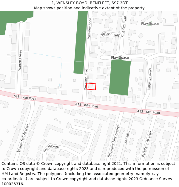 1, WENSLEY ROAD, BENFLEET, SS7 3DT: Location map and indicative extent of plot