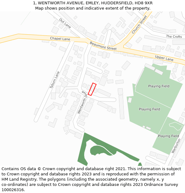 1, WENTWORTH AVENUE, EMLEY, HUDDERSFIELD, HD8 9XR: Location map and indicative extent of plot