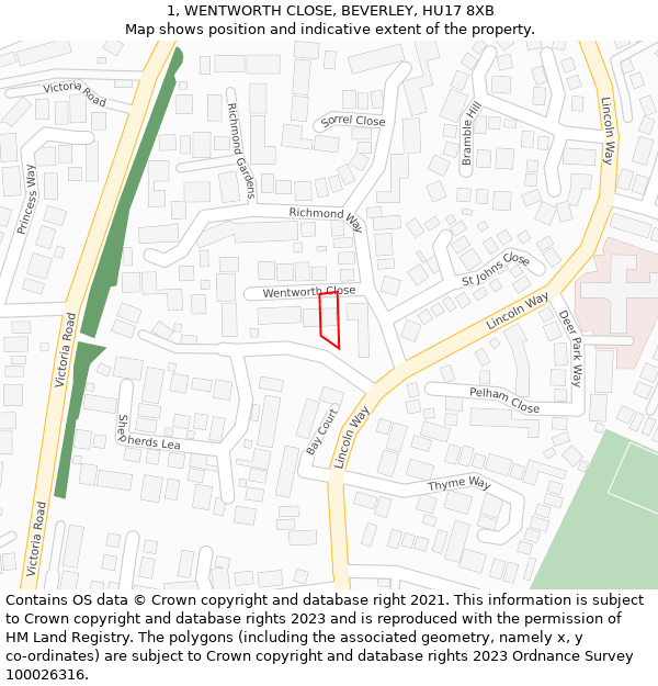 1, WENTWORTH CLOSE, BEVERLEY, HU17 8XB: Location map and indicative extent of plot