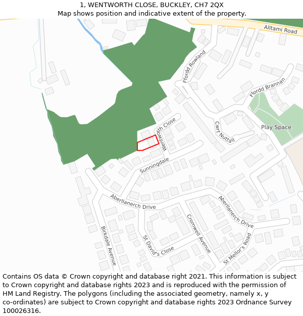 1, WENTWORTH CLOSE, BUCKLEY, CH7 2QX: Location map and indicative extent of plot
