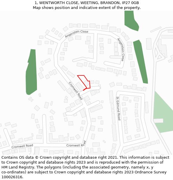 1, WENTWORTH CLOSE, WEETING, BRANDON, IP27 0GB: Location map and indicative extent of plot