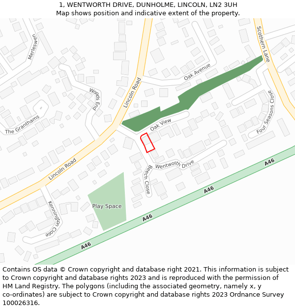 1, WENTWORTH DRIVE, DUNHOLME, LINCOLN, LN2 3UH: Location map and indicative extent of plot