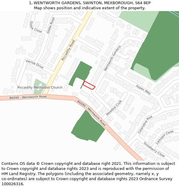 1, WENTWORTH GARDENS, SWINTON, MEXBOROUGH, S64 8EP: Location map and indicative extent of plot