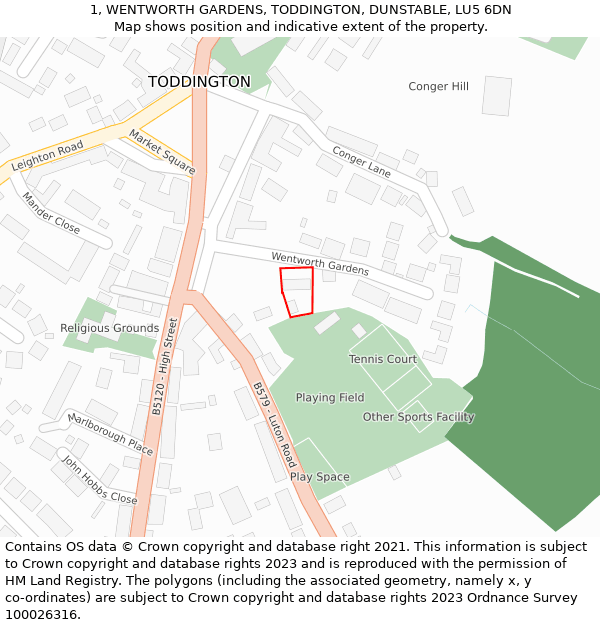 1, WENTWORTH GARDENS, TODDINGTON, DUNSTABLE, LU5 6DN: Location map and indicative extent of plot