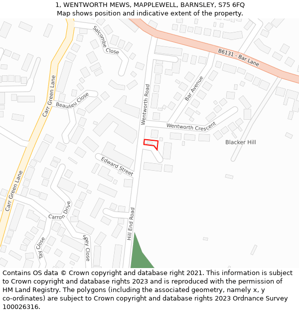 1, WENTWORTH MEWS, MAPPLEWELL, BARNSLEY, S75 6FQ: Location map and indicative extent of plot