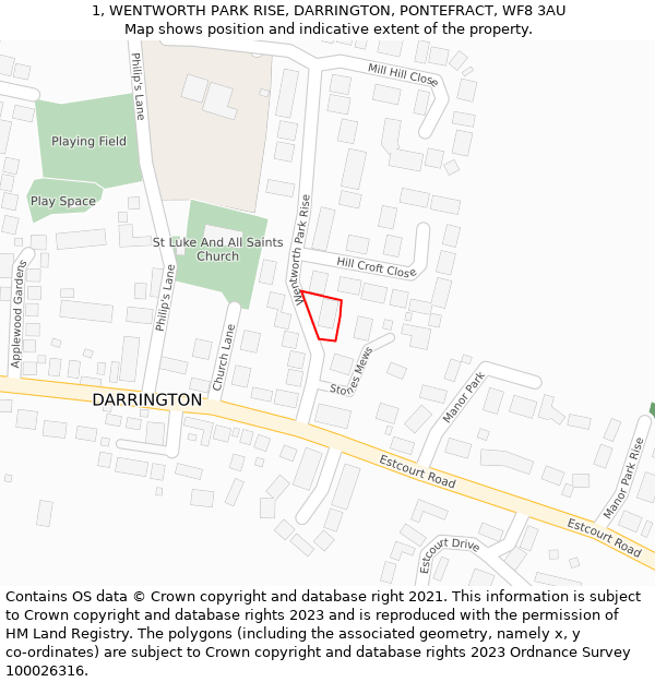 1, WENTWORTH PARK RISE, DARRINGTON, PONTEFRACT, WF8 3AU: Location map and indicative extent of plot