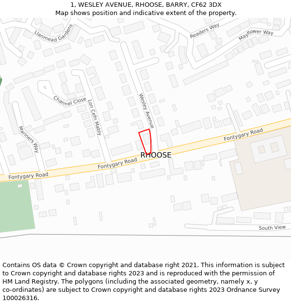 1, WESLEY AVENUE, RHOOSE, BARRY, CF62 3DX: Location map and indicative extent of plot