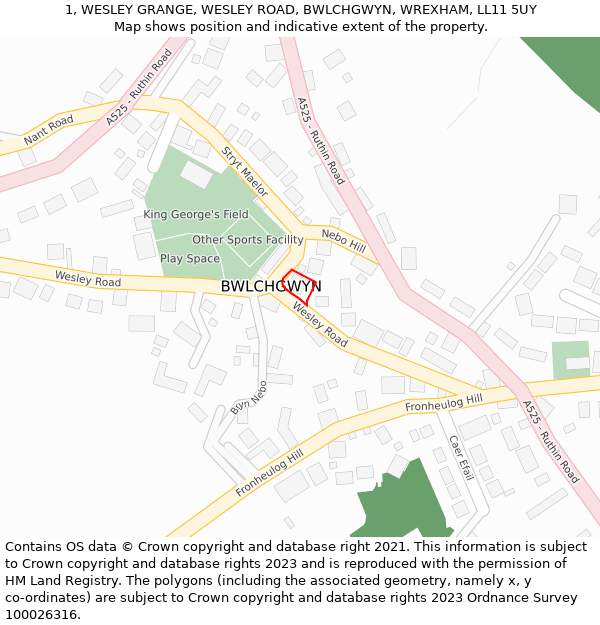1, WESLEY GRANGE, WESLEY ROAD, BWLCHGWYN, WREXHAM, LL11 5UY: Location map and indicative extent of plot