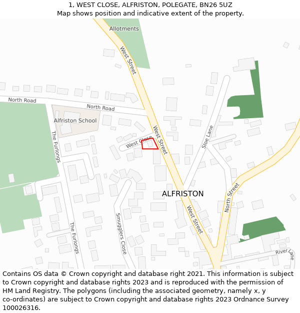 1, WEST CLOSE, ALFRISTON, POLEGATE, BN26 5UZ: Location map and indicative extent of plot