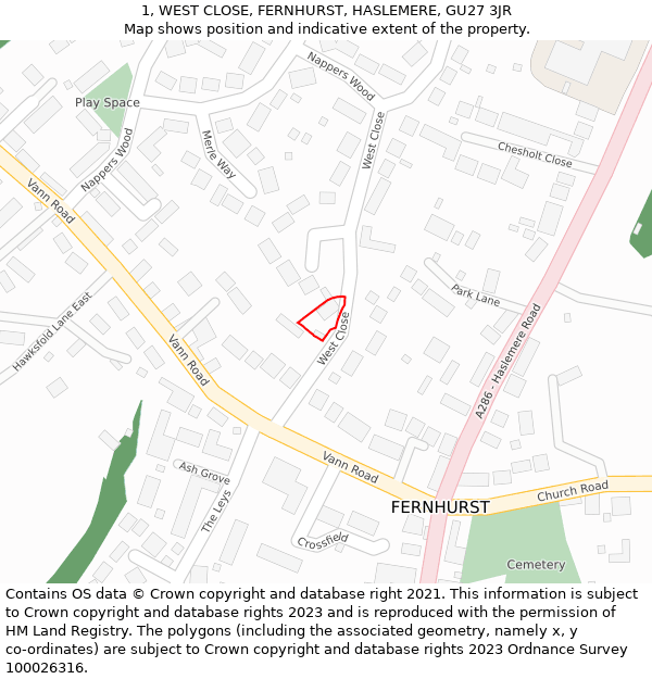 1, WEST CLOSE, FERNHURST, HASLEMERE, GU27 3JR: Location map and indicative extent of plot