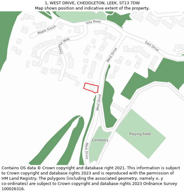 1, WEST DRIVE, CHEDDLETON, LEEK, ST13 7DW: Location map and indicative extent of plot