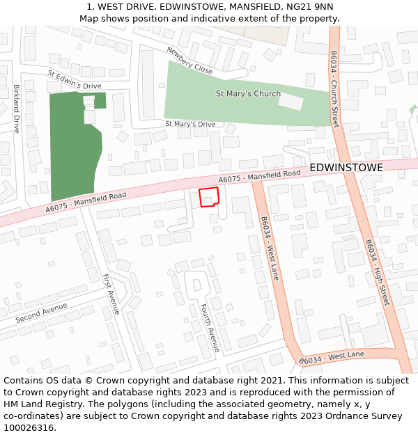 1, WEST DRIVE, EDWINSTOWE, MANSFIELD, NG21 9NN: Location map and indicative extent of plot