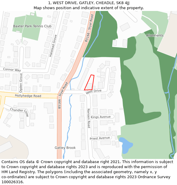 1, WEST DRIVE, GATLEY, CHEADLE, SK8 4JJ: Location map and indicative extent of plot