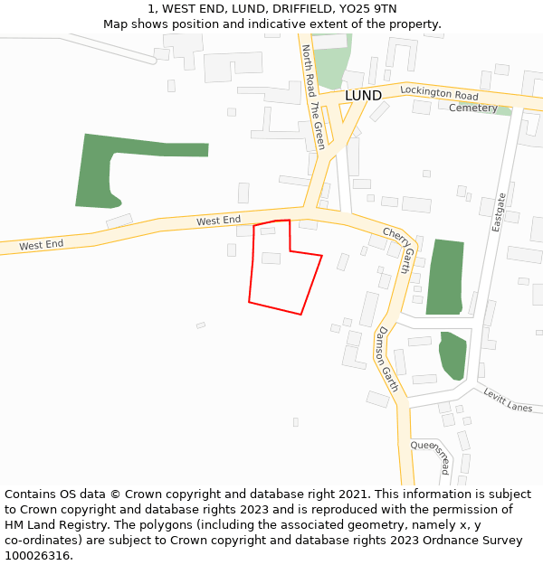 1, WEST END, LUND, DRIFFIELD, YO25 9TN: Location map and indicative extent of plot