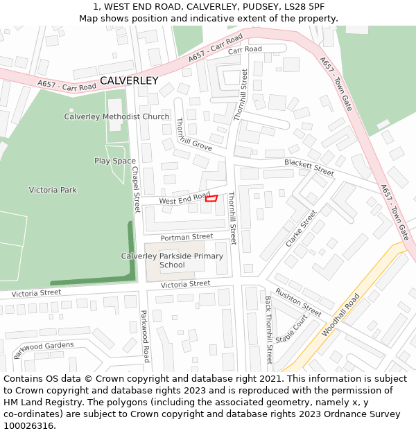 1, WEST END ROAD, CALVERLEY, PUDSEY, LS28 5PF: Location map and indicative extent of plot