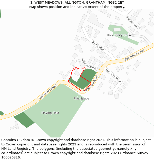 1, WEST MEADOWS, ALLINGTON, GRANTHAM, NG32 2ET: Location map and indicative extent of plot