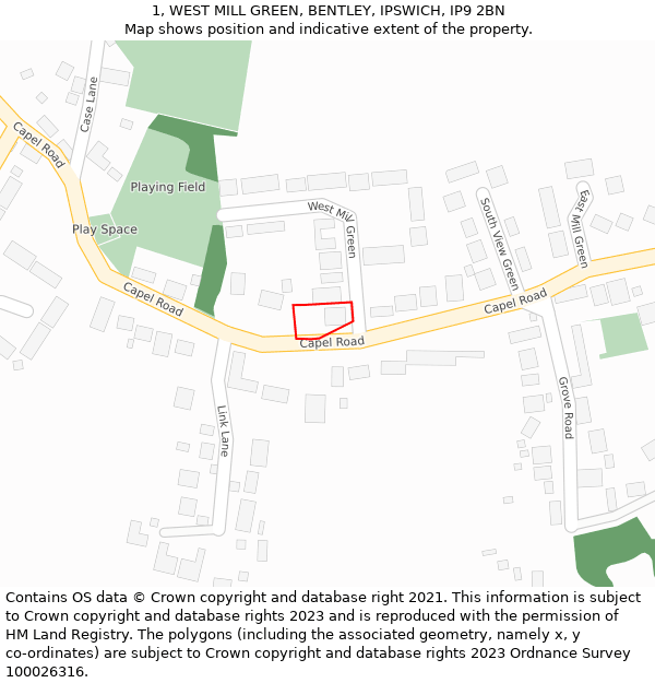 1, WEST MILL GREEN, BENTLEY, IPSWICH, IP9 2BN: Location map and indicative extent of plot