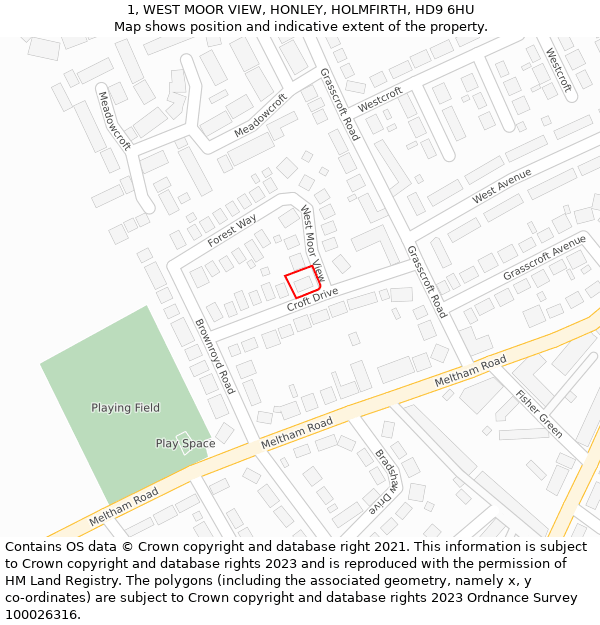 1, WEST MOOR VIEW, HONLEY, HOLMFIRTH, HD9 6HU: Location map and indicative extent of plot