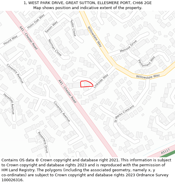 1, WEST PARK DRIVE, GREAT SUTTON, ELLESMERE PORT, CH66 2GE: Location map and indicative extent of plot