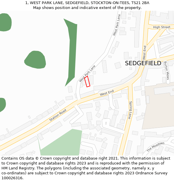 1, WEST PARK LANE, SEDGEFIELD, STOCKTON-ON-TEES, TS21 2BA: Location map and indicative extent of plot