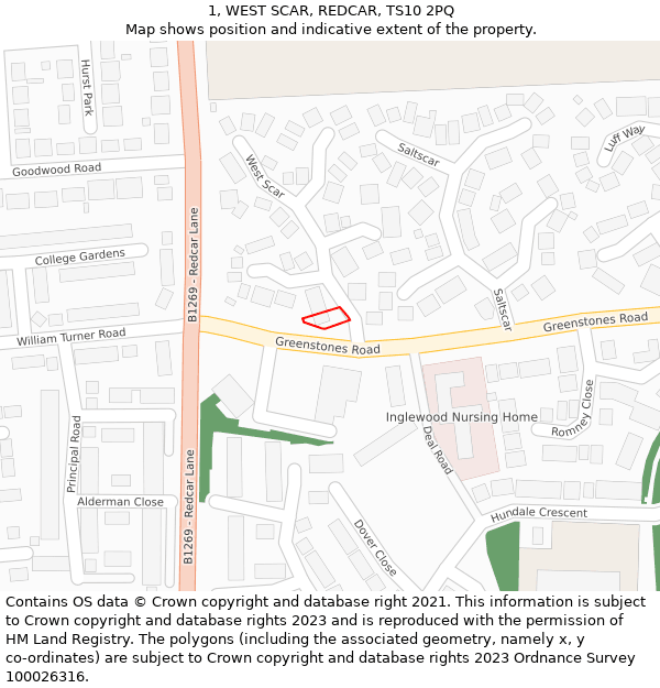 1, WEST SCAR, REDCAR, TS10 2PQ: Location map and indicative extent of plot