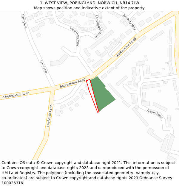 1, WEST VIEW, PORINGLAND, NORWICH, NR14 7LW: Location map and indicative extent of plot