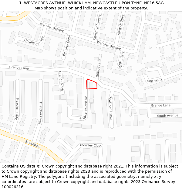 1, WESTACRES AVENUE, WHICKHAM, NEWCASTLE UPON TYNE, NE16 5AG: Location map and indicative extent of plot