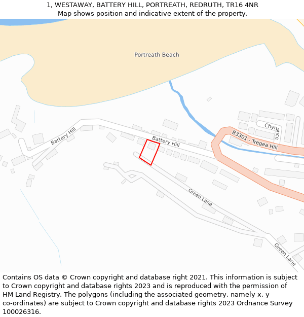 1, WESTAWAY, BATTERY HILL, PORTREATH, REDRUTH, TR16 4NR: Location map and indicative extent of plot