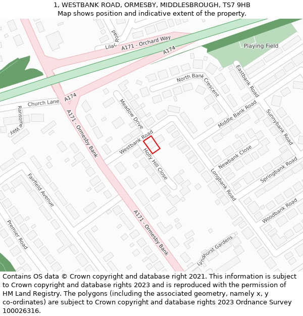 1, WESTBANK ROAD, ORMESBY, MIDDLESBROUGH, TS7 9HB: Location map and indicative extent of plot