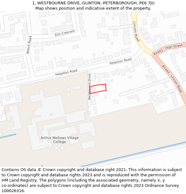 1, WESTBOURNE DRIVE, GLINTON, PETERBOROUGH, PE6 7JU: Location map and indicative extent of plot