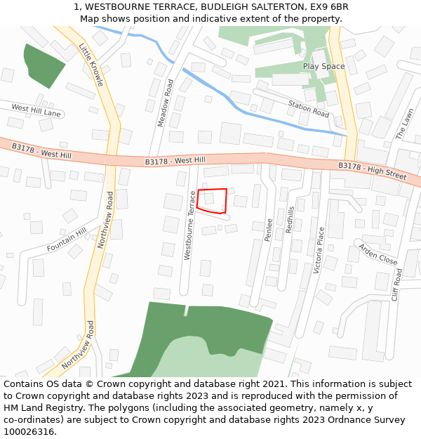 1, WESTBOURNE TERRACE, BUDLEIGH SALTERTON, EX9 6BR: Location map and indicative extent of plot